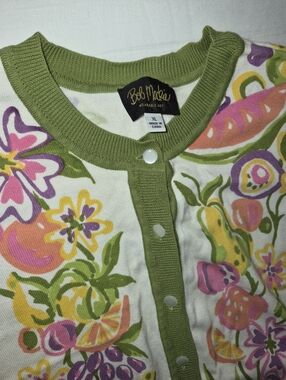 Bob Mackie Green Trim Floral Cardigan Top